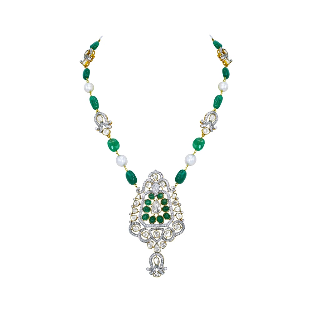 Emerald and Pearl Necklace with Diamond Motifs and Pendant